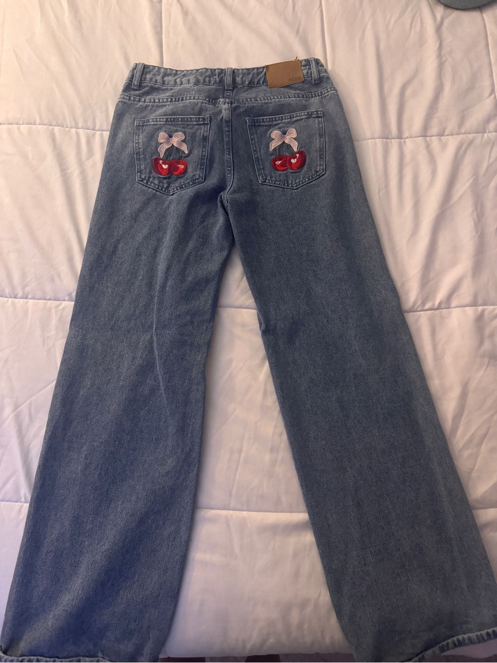 Aeropostale Light Blue Wide-Leg Jeans with Cherry Patch